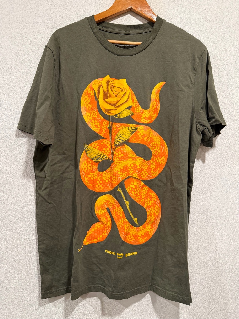Olive Green Graphic T-Shirt with Yellow-Orange Snake Print